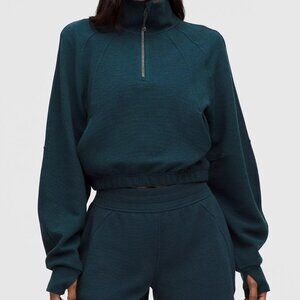 Scuba Cropped Funnel-Neck Half Zip Waffle | Heathered Indochine Blue | Size XL